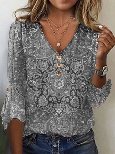 Amira™ | Floral V-Neck Button-Down Blouse