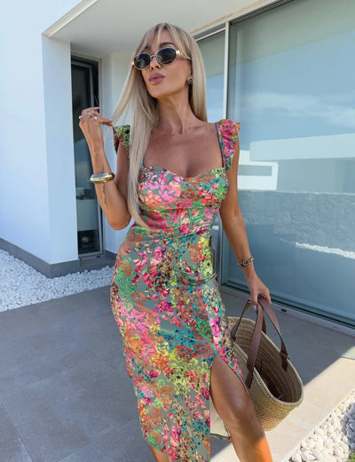 Sara™ | Women’s Sleeveless Midi Dress with Side Slit and Ruched Waist
