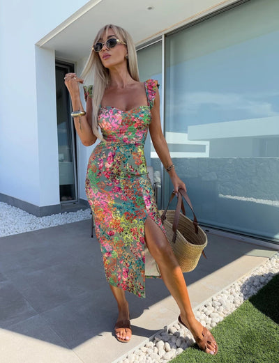 Sara™ | Women’s Sleeveless Midi Dress with Side Slit and Ruched Waist