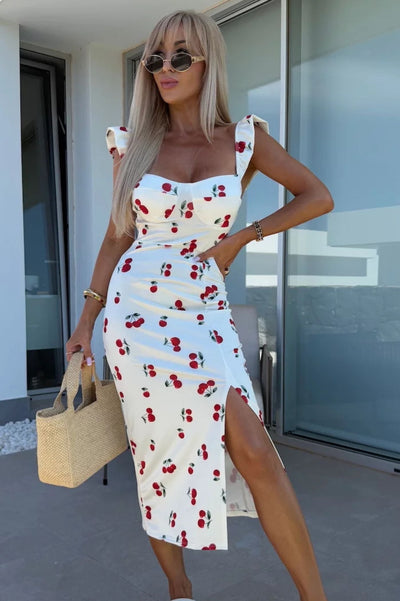 Sara™ | Women’s Sleeveless Midi Dress with Side Slit and Ruched Waist
