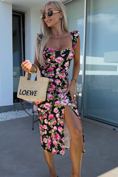Sara™ | Women’s Sleeveless Midi Dress with Side Slit and Ruched Waist