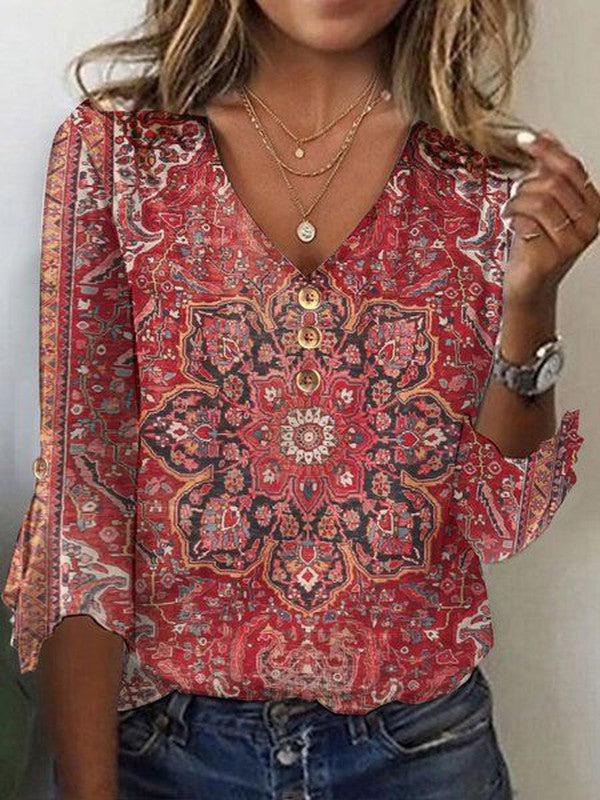 Amira™ | Floral V-Neck Button-Down Blouse